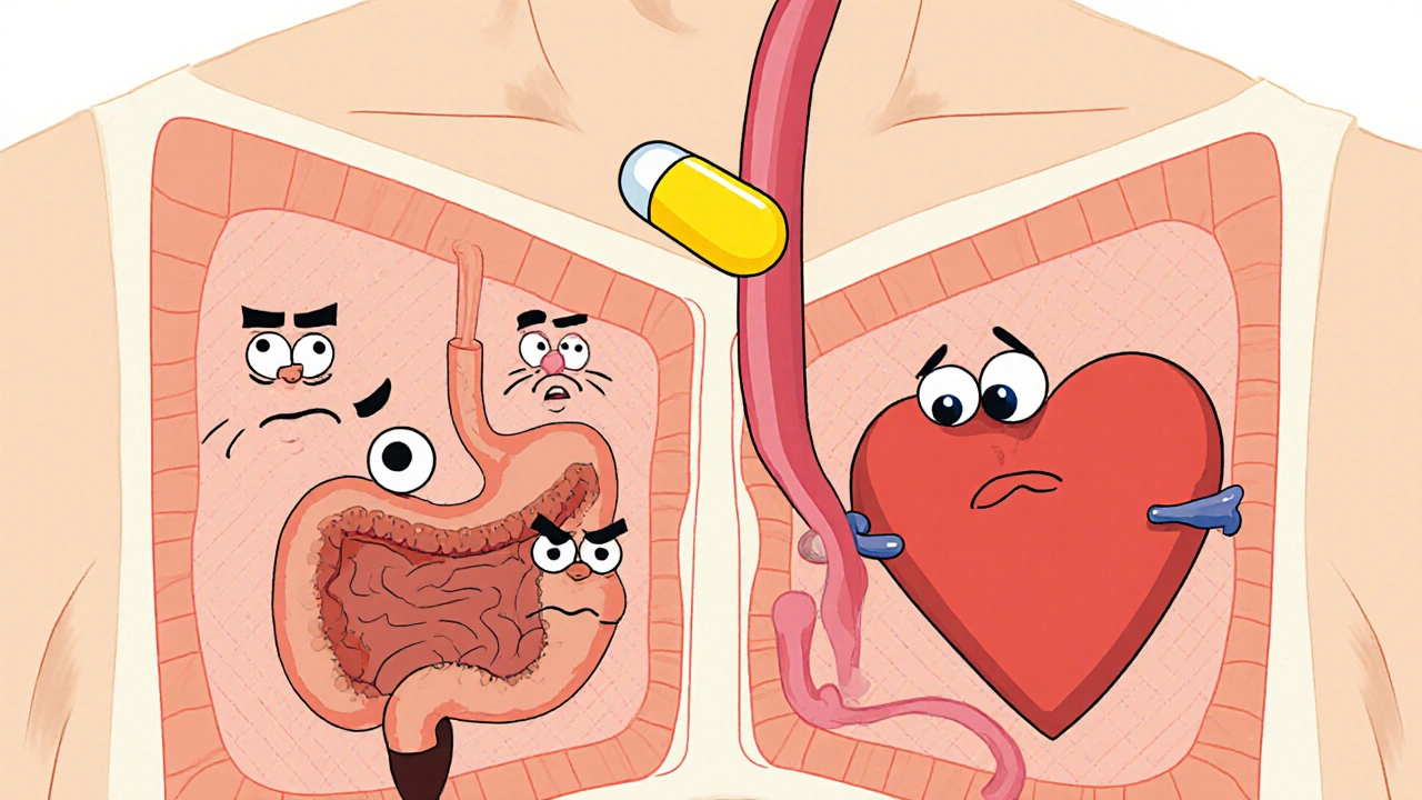 Animated stomach, kidneys, and heart reacting to a floating pill inside a torso.