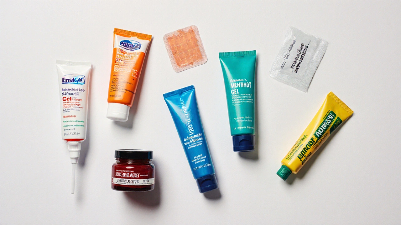 Array of seven different topical pain product tubes and a patch on a white surface.