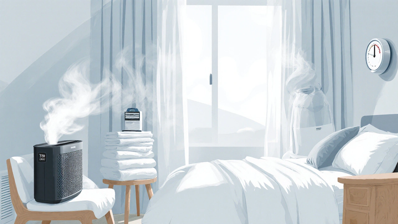 Bright bedroom featuring a HEPA purifier, allergen‑proof bedding, and a vacuum for clean air.