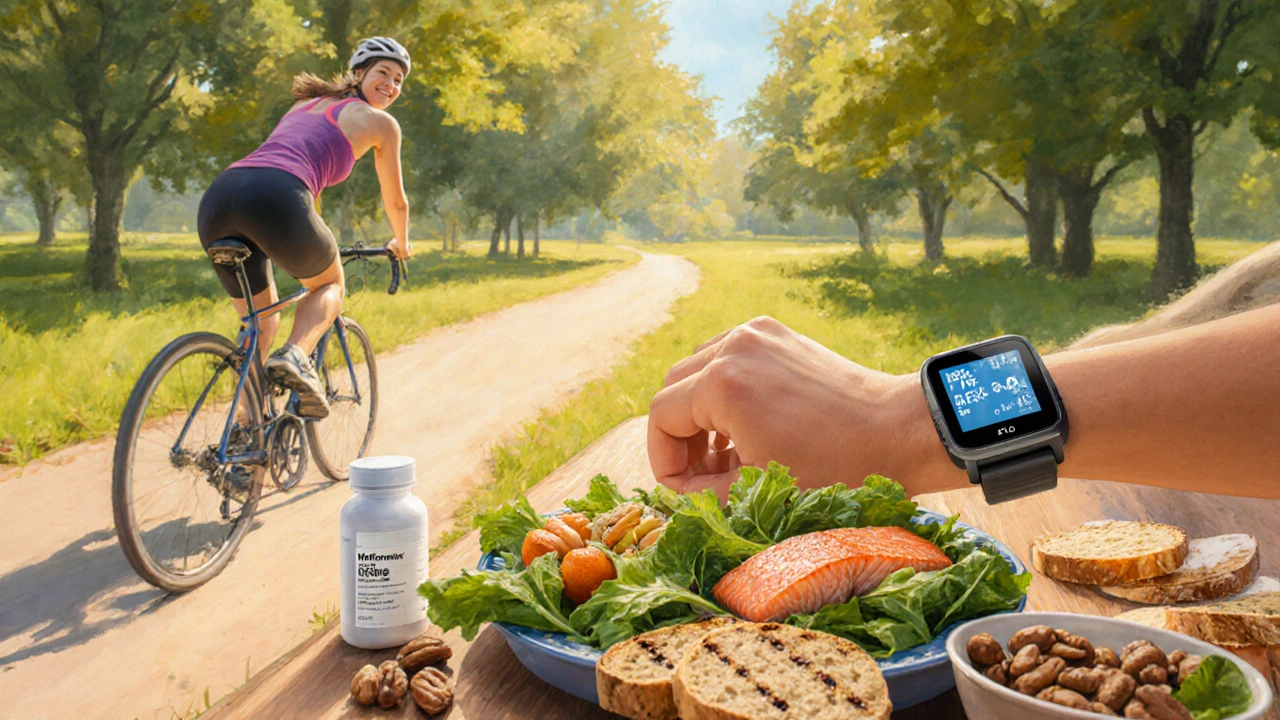 Bright park scene with a person cycling, healthy foods, medication bottle, and glucose monitor.