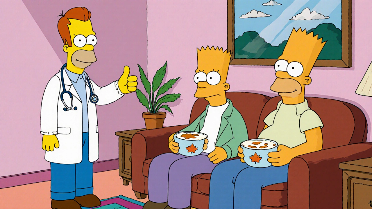 Cartoon character eating yogurt with a friendly doctor nearby.