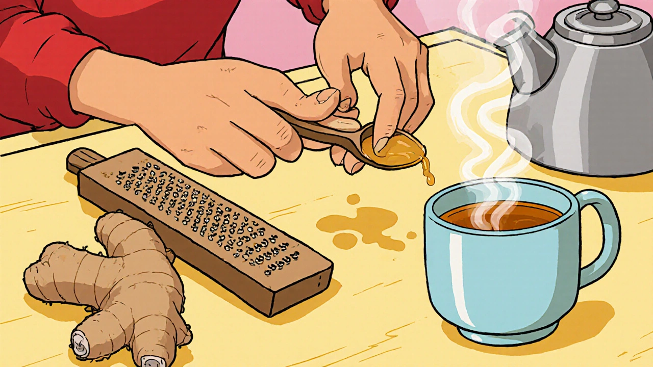 Cartoon character grating ginger and making tea.