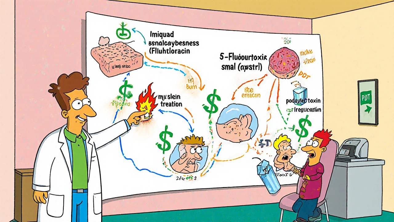 Cartoon characters showing side effects and cost symbols in a treatment decision flow.