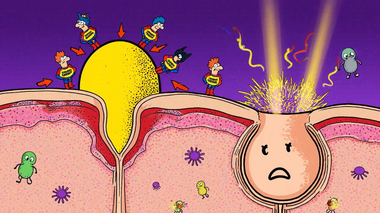 Cartoon cross‑section of a skin follicle showing isotretinoin shrinking oil glands and clearing pores.