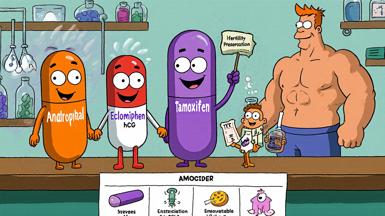 Cartoon drug characters (Androxal, Clomiphene, Tamoxifen, hCG, TRT) display their effects in a lab.