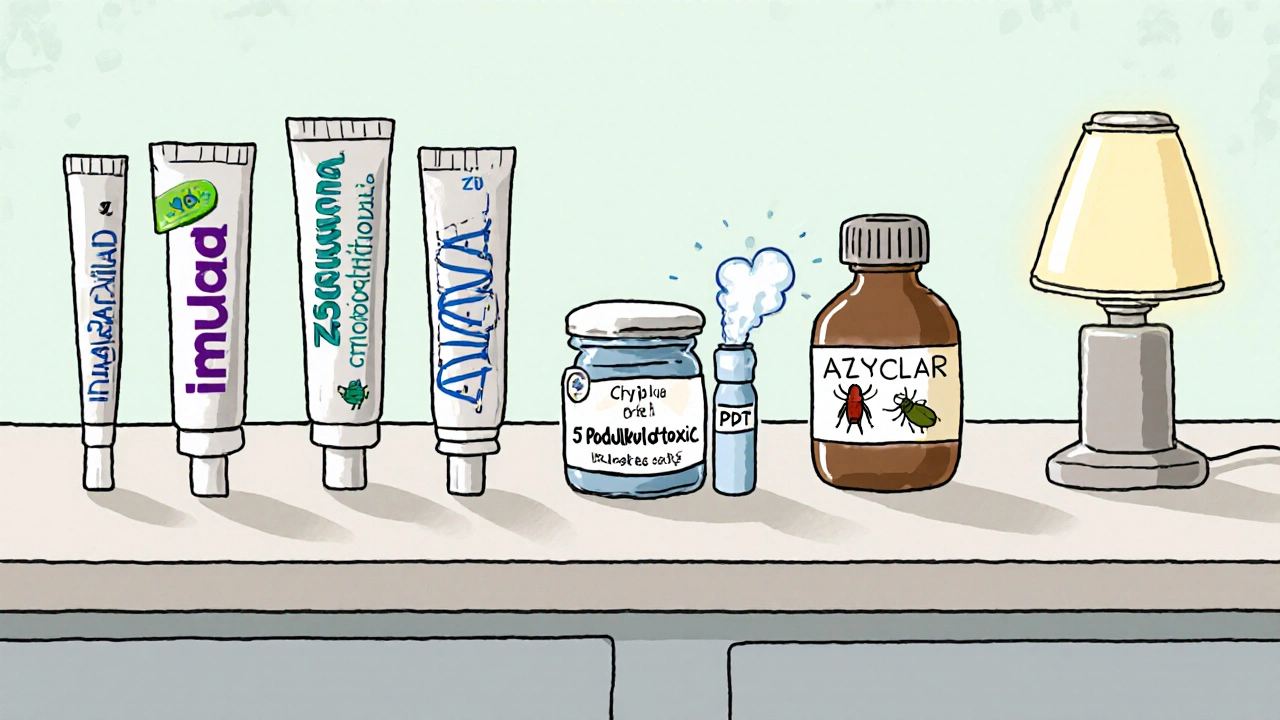 Cartoon lineup of various skin treatment products and tools on a clinic table.