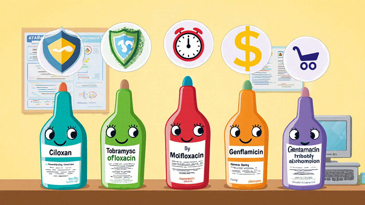 Cartoon table shows six eye‑drop bottles with icons for spectrum, dosing, cost, and pregnancy safety.