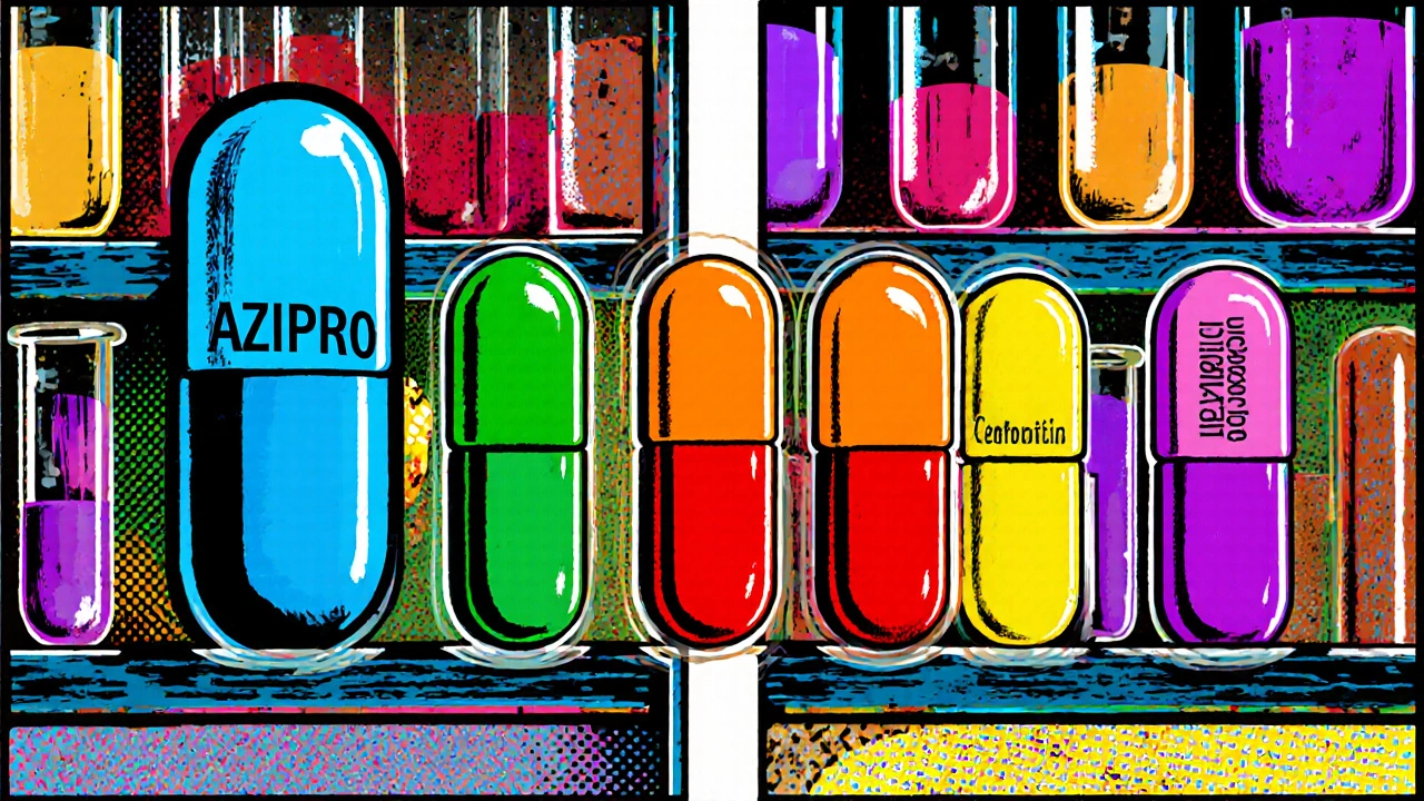Colorful lineup of antibiotic bottles labeled Azipro, Doxycycline, Clarithromycin, Levofloxacin, Amoxicillin, Cefuroxime.