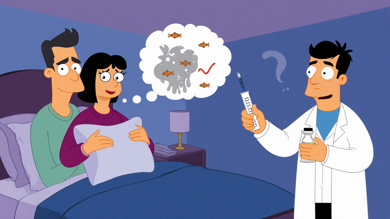 Couple in bedroom with thought bubble showing fishy discharge and a doctor performing a whiff test.