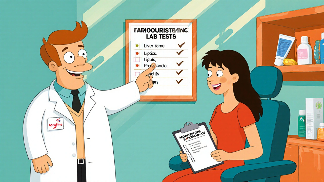Dermatologist and patient discussing monitoring steps with lab test chart in a bright office.