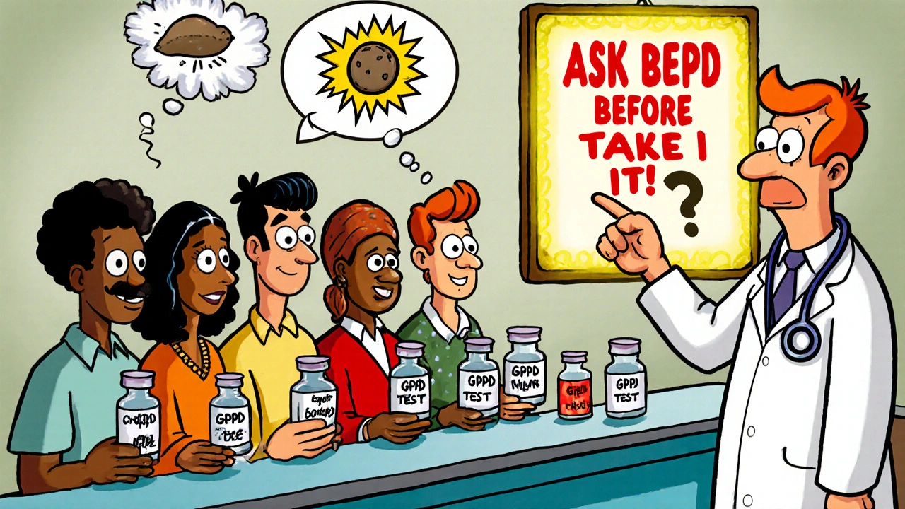 Diverse people at clinic holding G6PD test vials while doctor points to a warning sign.