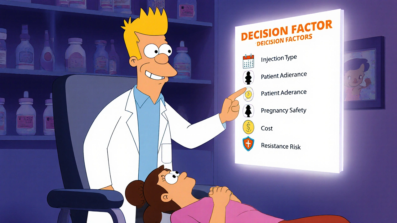 Doctor and patient review a checklist of factors while eye‑drop bottles are displayed on a shelf.
