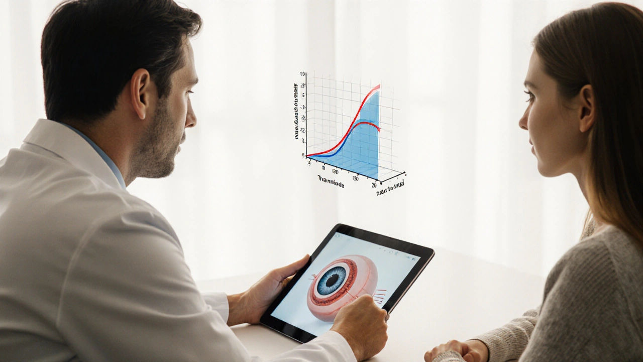Doctor and patient reviewing an eye model on a tablet to choose treatment.