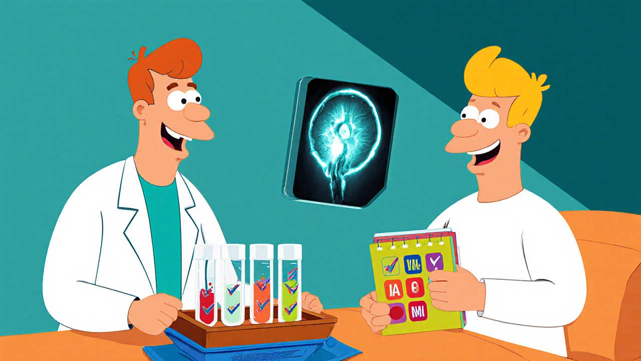 Doctor consulting patient with catheter, fluid log notebook, and cartoon lab tests and brain scan.