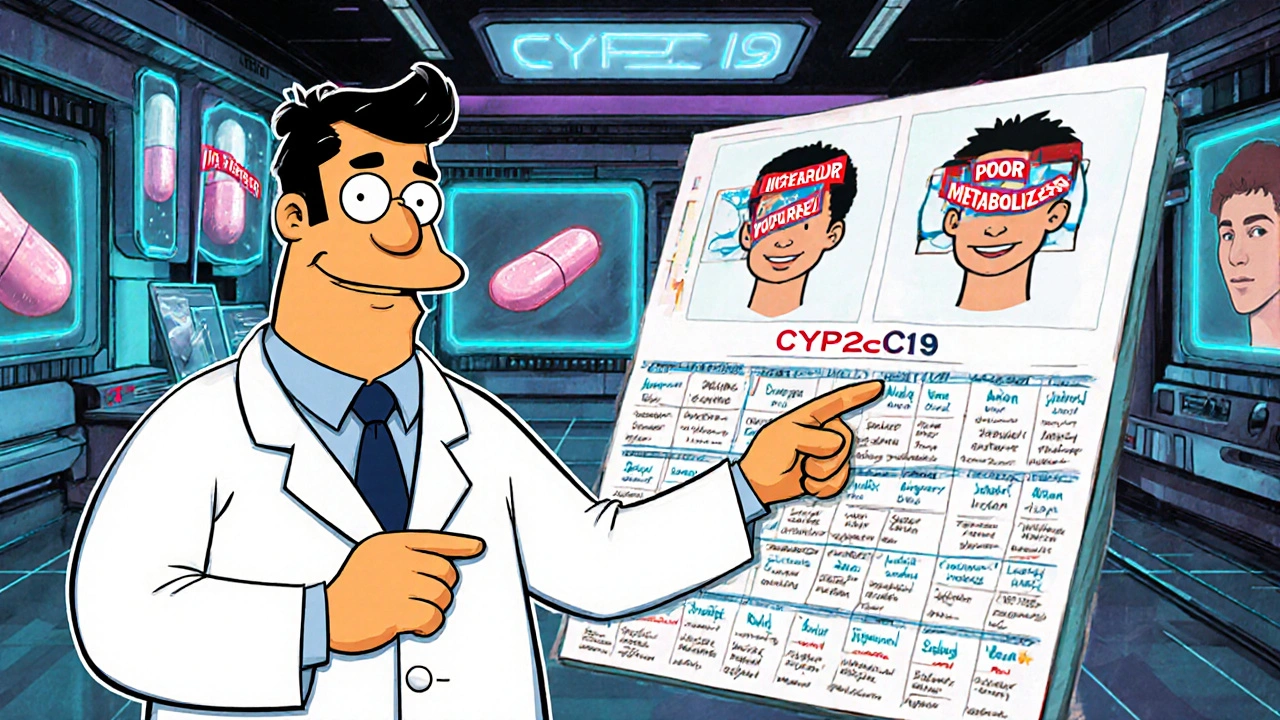 Doctor explaining genetic differences in CYP2C19 metabolism with future drugs