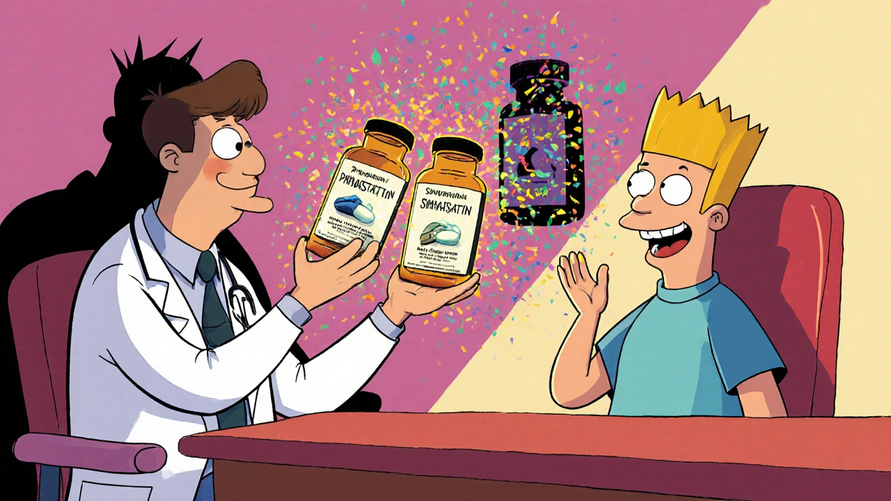 Doctor shows safe statin alternatives as dangerous simvastatin crumbles in cartoon clinic scene