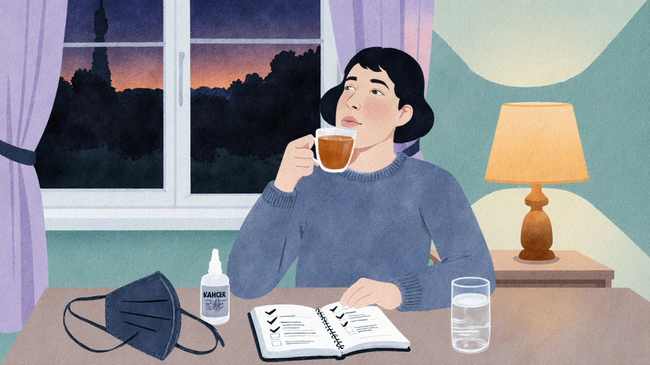 Evening kitchen scene with a person reviewing a checklist, mask and nasal spray on the counter.