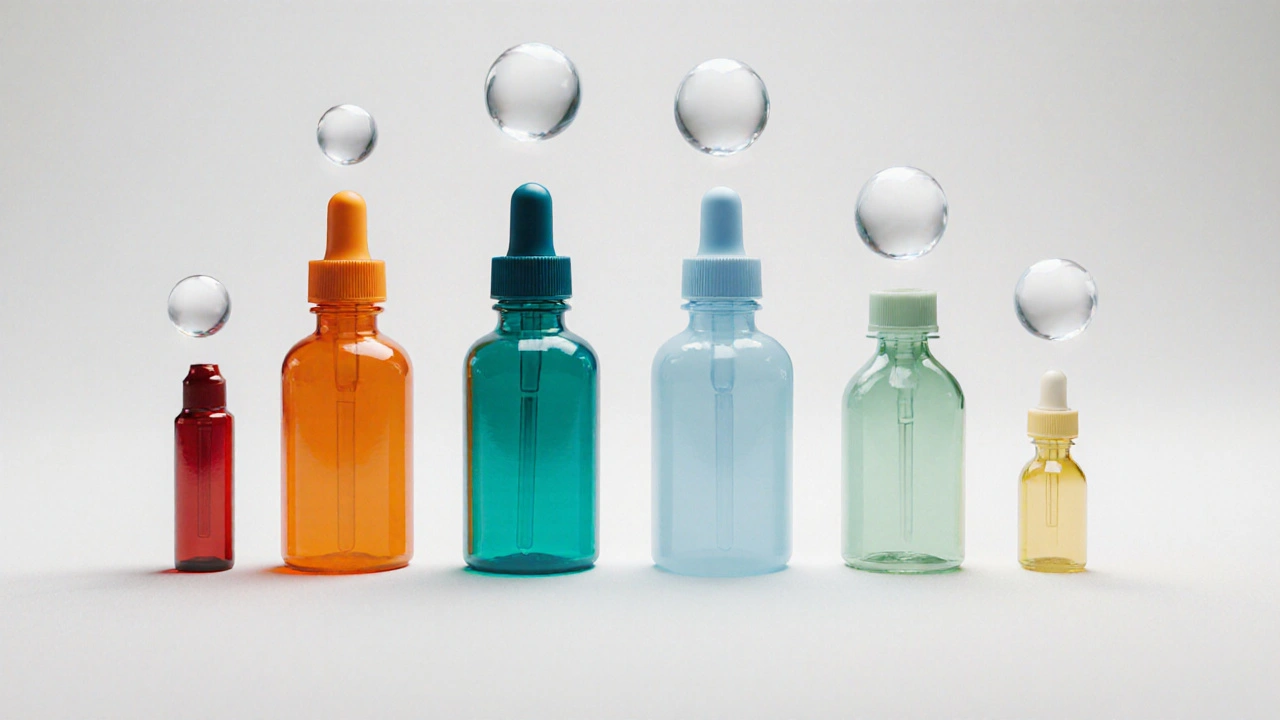 Flat lay of eye‑drop bottles showing varying potency and risk levels.
