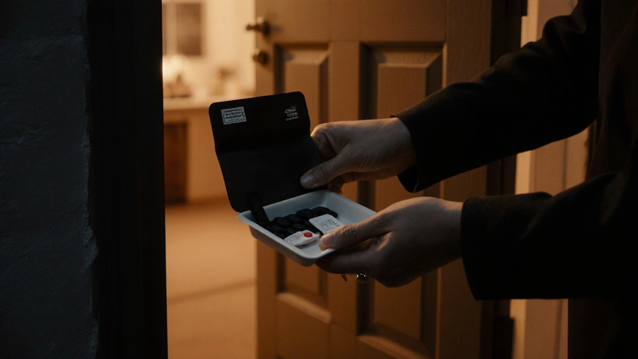 Hand opening a discreet package revealing authentic ivermectin tablets.