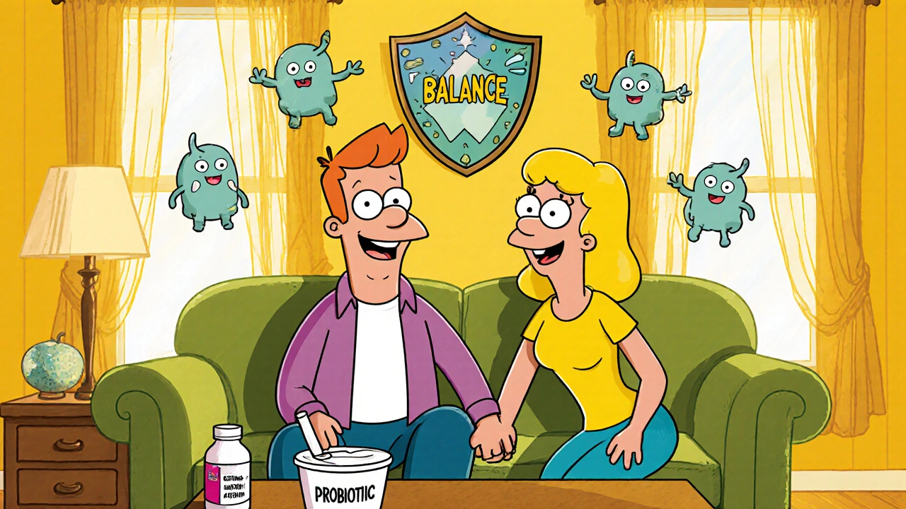 Happy couple on couch with medication, probiotic yogurt, and friendly bacteria symbols showing recovery.