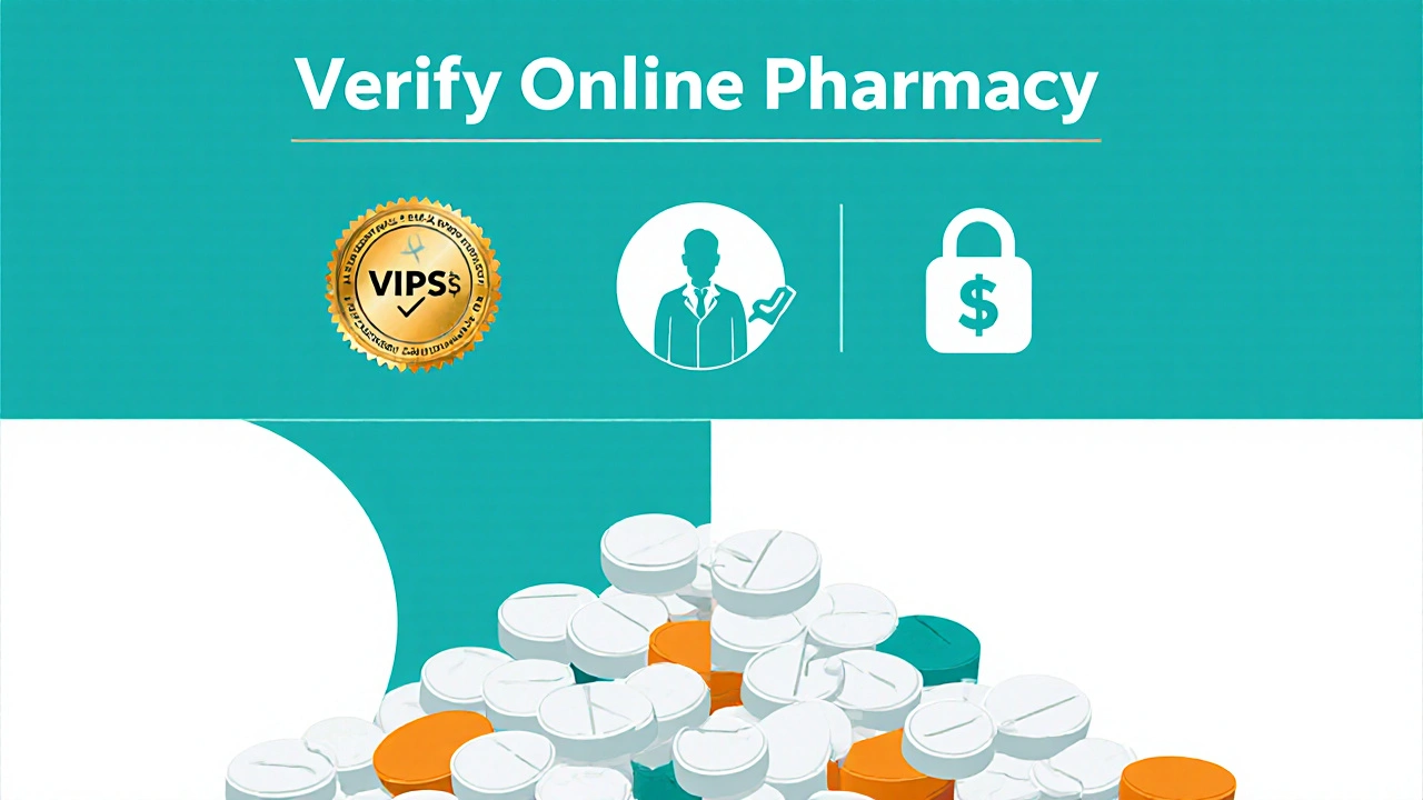 Illustrated checklist with icons for verifying an online pharmacy and tablet comparison.