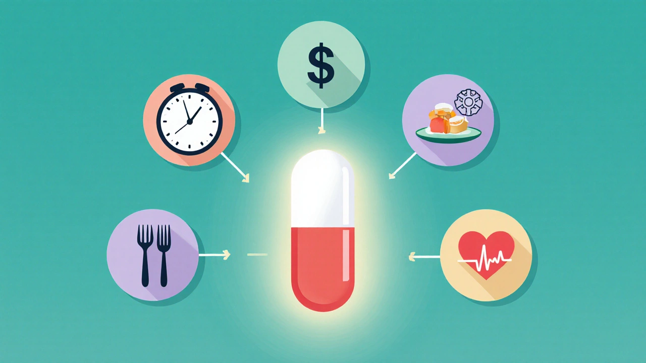 Illustrated icons representing onset, cost, food, drug interactions, and side effects.