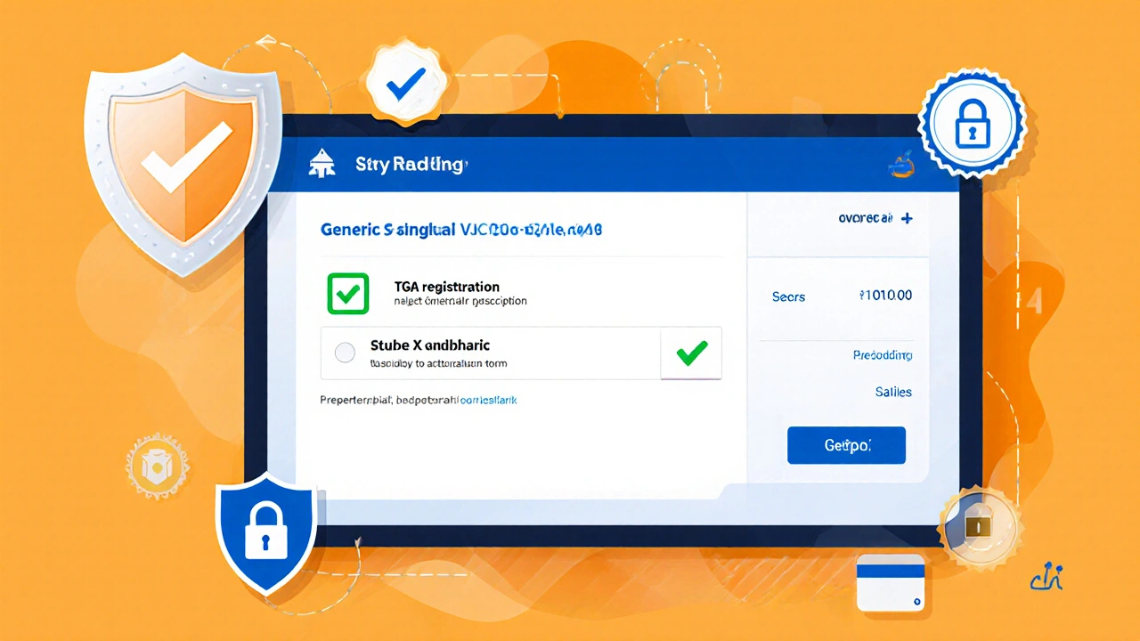 Illustration of online pharmacy checkout showing safety badges and prescription upload.