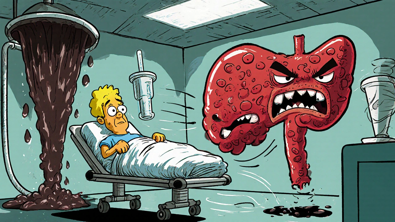 Jaundiced patient being rushed in ER as dark urine flows and Heinz bodies roll toward a spleen monster.
