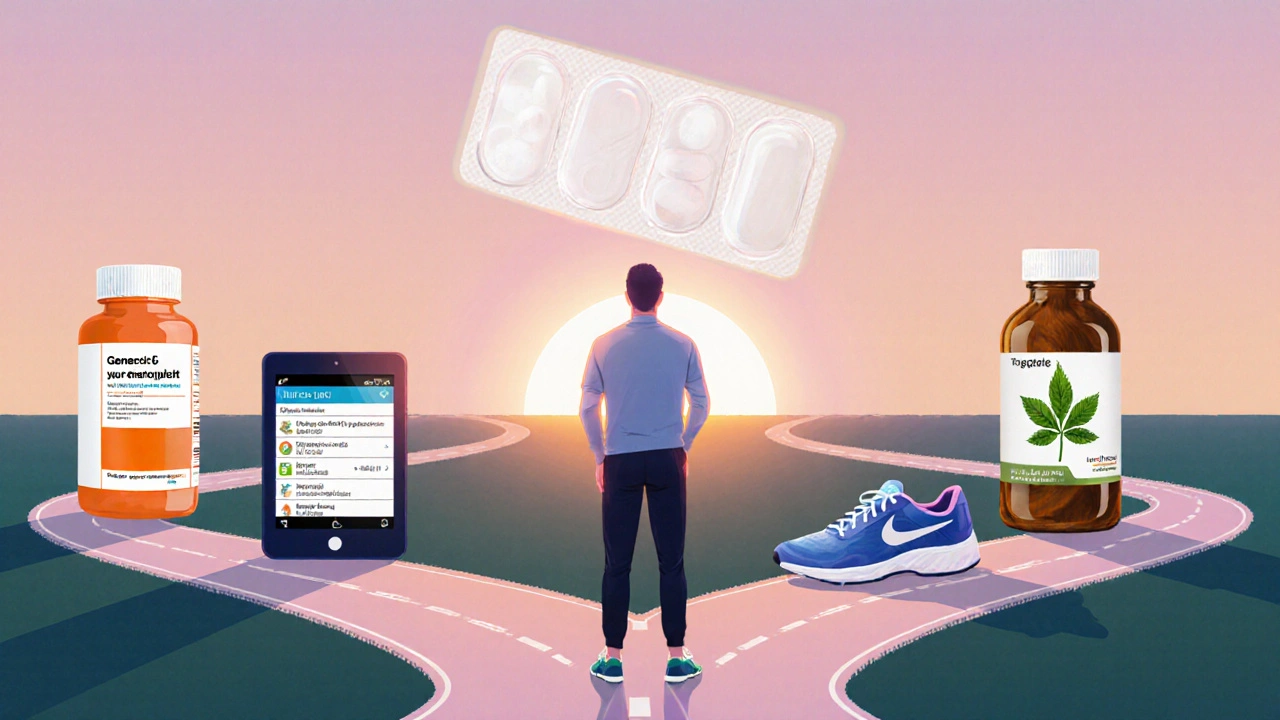 Man at a crossroads choosing between pills, telehealth, herbs, and exercise paths.