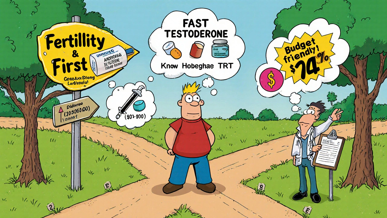 Man at a three‑way sign choosing fertility, fast testosterone, or low‑cost options, with a doctor nearby.