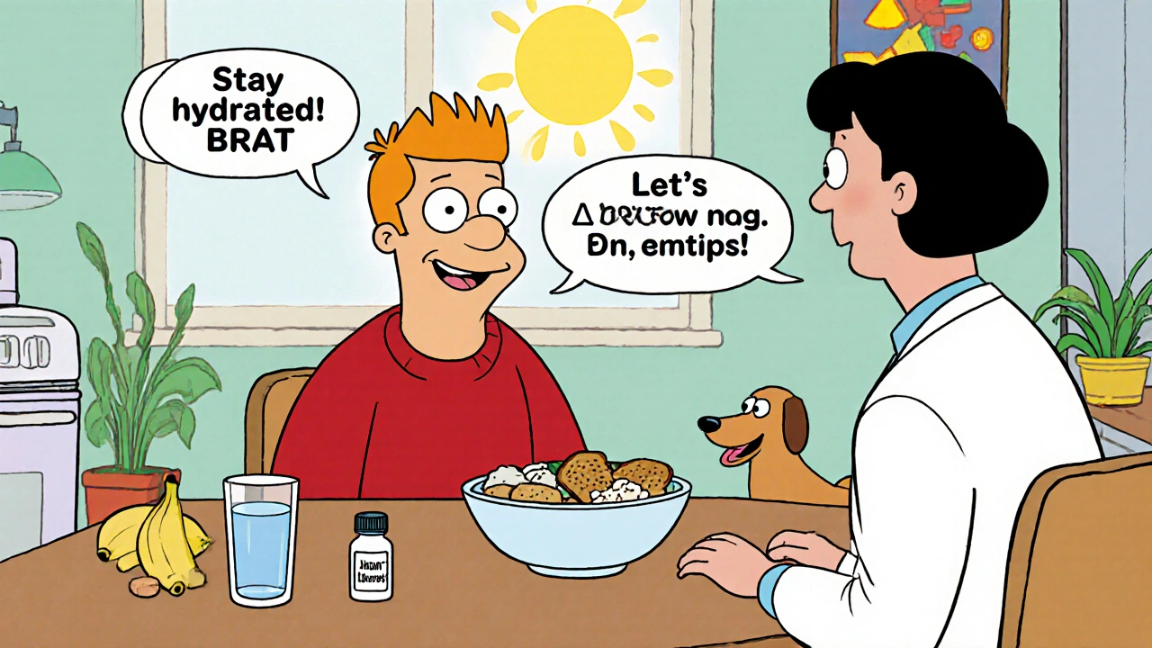 Man with doctor at a table, showing water, BRAT foods, and a loperamide bottle for diarrhea relief.
