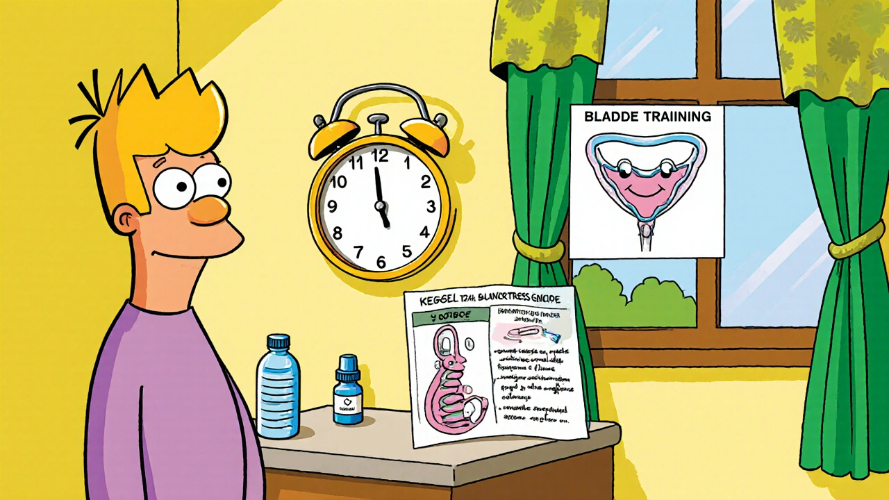 Patient at home doing bladder training, holding water bottle, pill bottle, and showing Kegel guide.