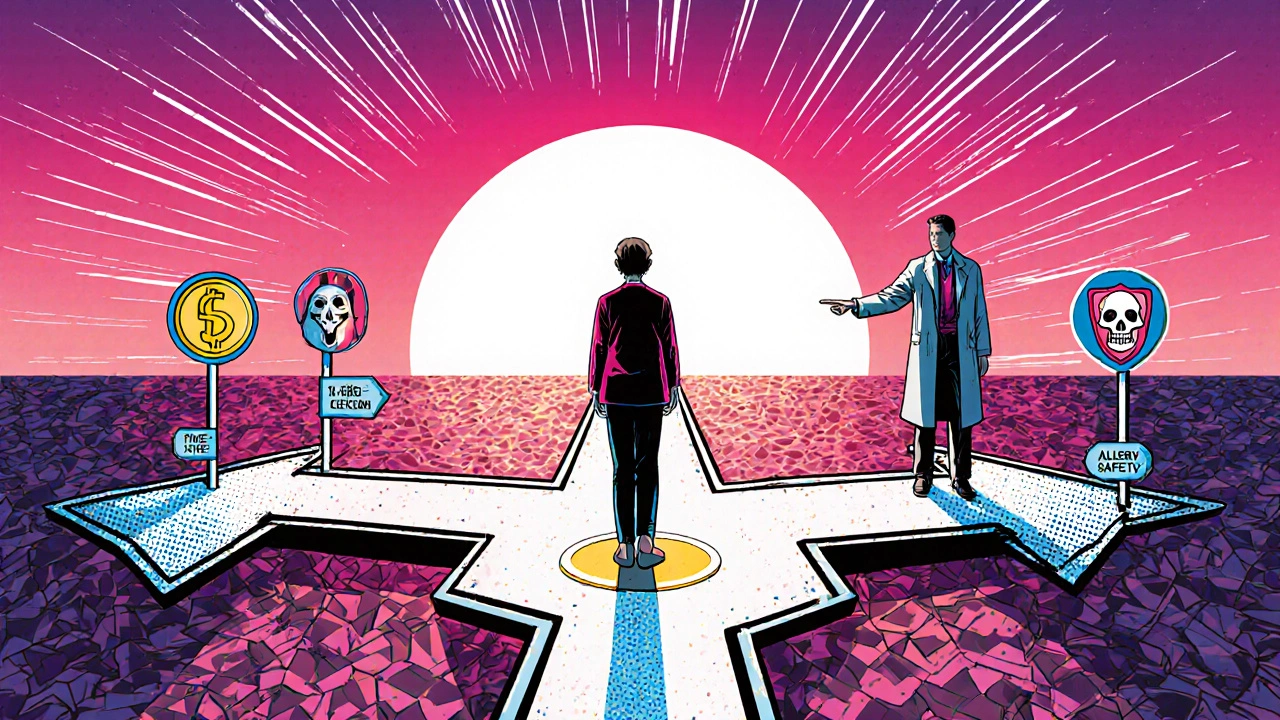 Patient standing at a crossroads with icons for cost, dosing, side effects, and allergies, guided by a doctor.