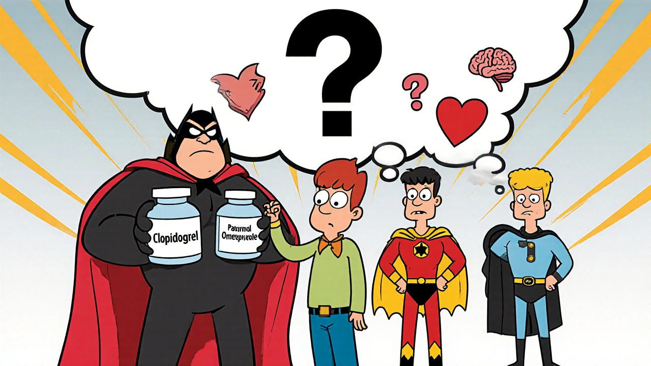 Patient with pill bottles and cartoon PPIs in hero-villain lineup