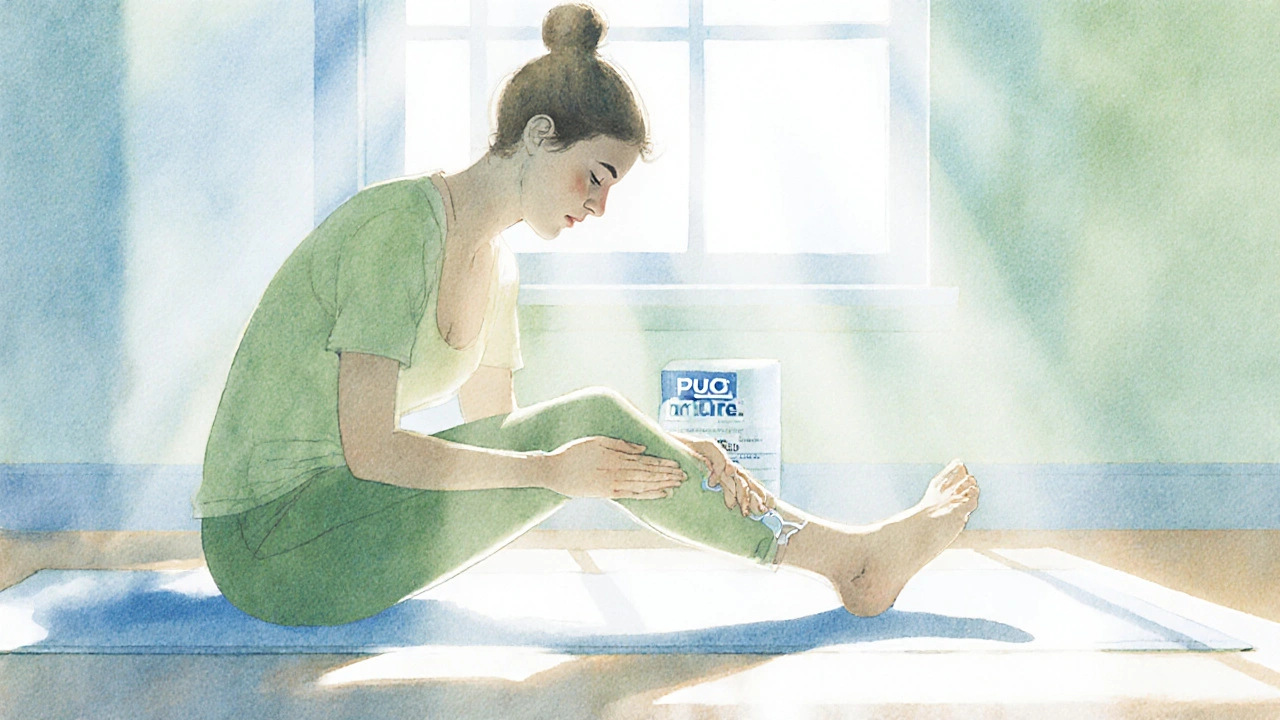 Person applying Emulgel to knee then stretching on a mat in a sunlit room.