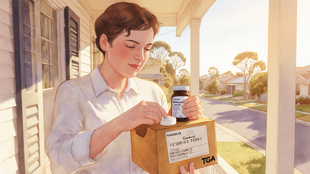 Person opening a parcel with generic Singulair tablets on a sunny porch.