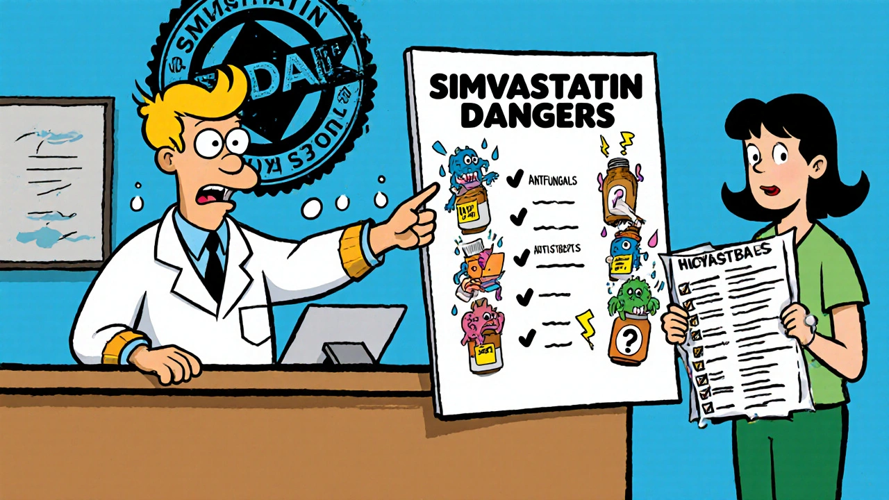 Pharmacist pointing at dangerous drug combinations on a checklist in 1960s cartoon style