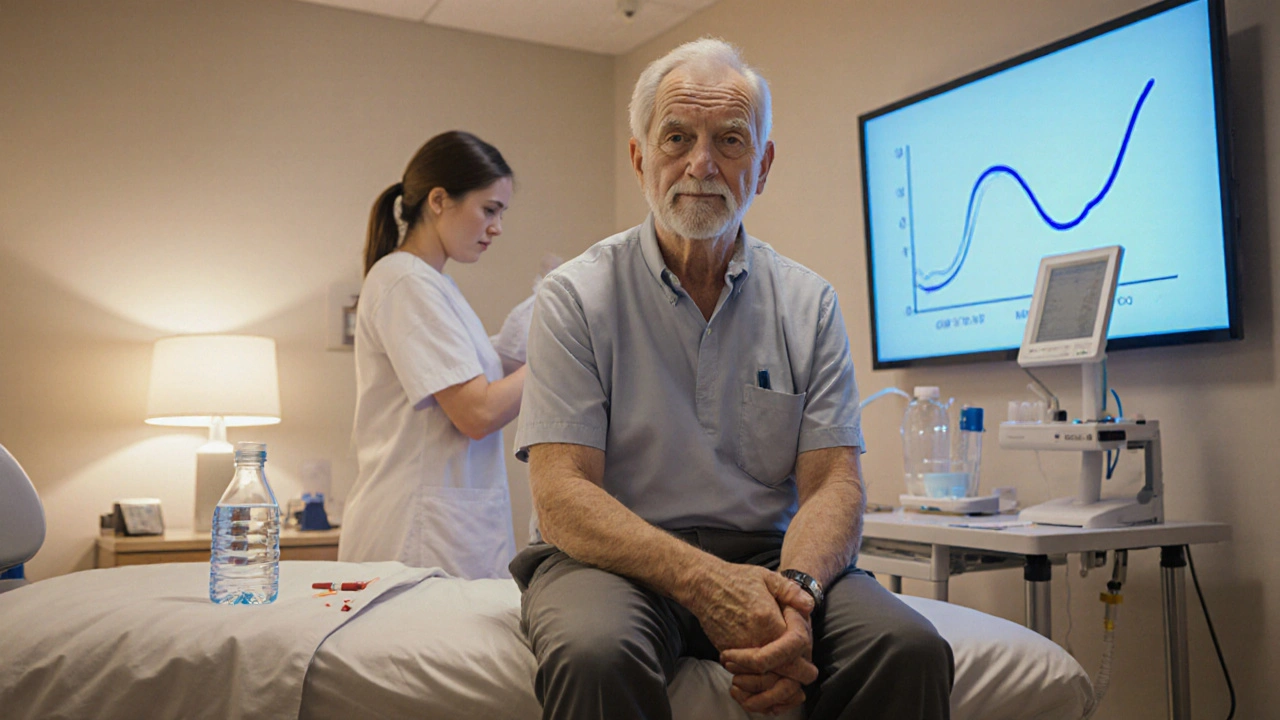 Photorealistic clinic scene showing a tired patient, blood draw, and glucose tolerance test.