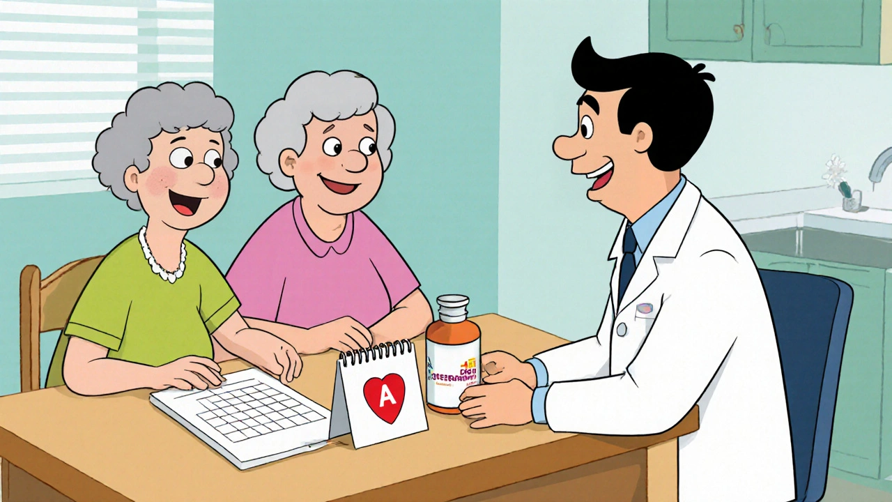 Senior, caregiver, and doctor reviewing a 5‑day calendar and safety items at a kitchen table.