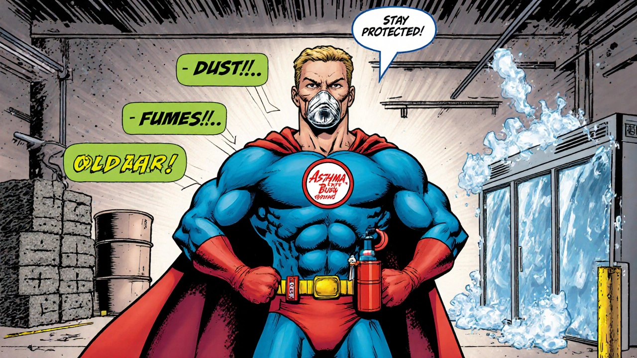 Superhero wearing N95 mask and inhaler belt beside dust, fumes, and cold zones.