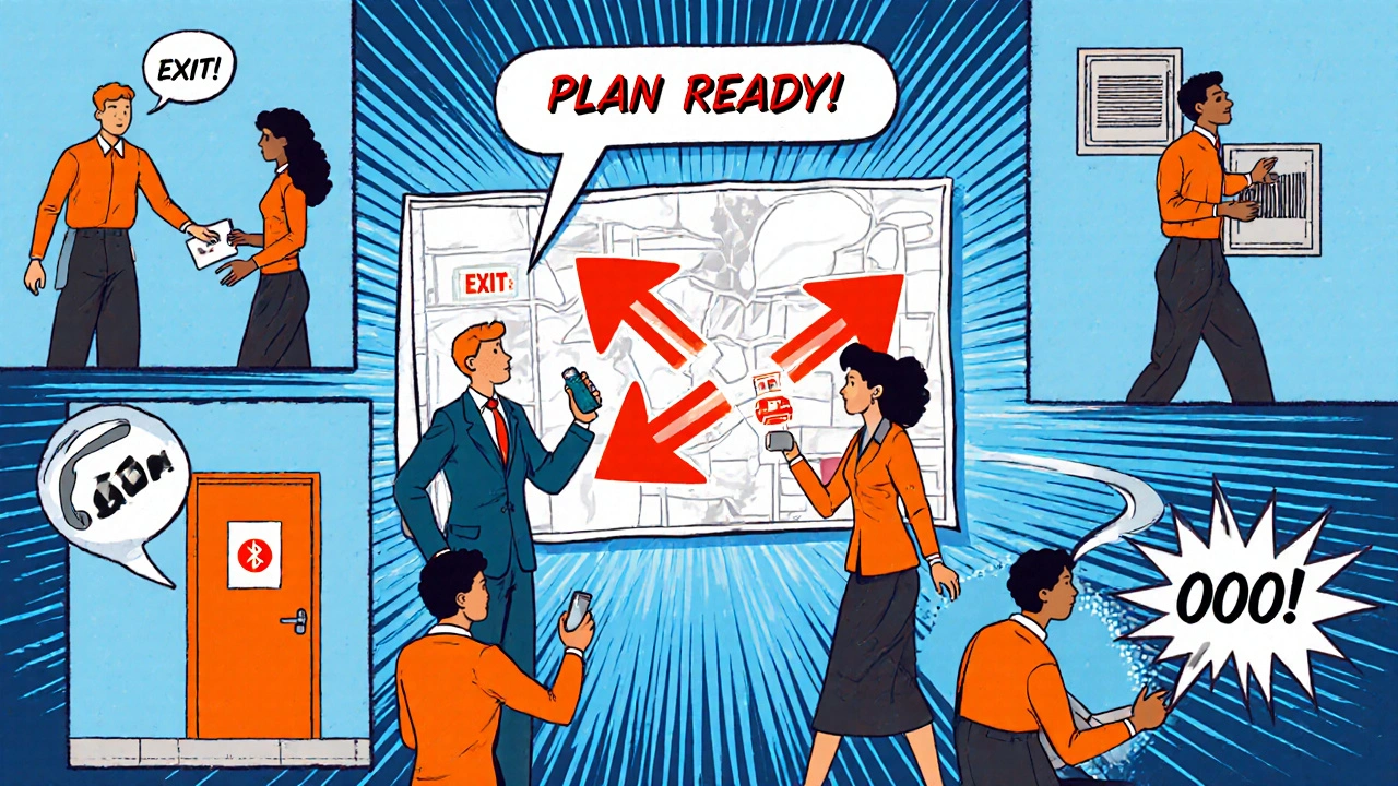 Team reviewing an emergency action plan with map and inhaler handoff, comic style.