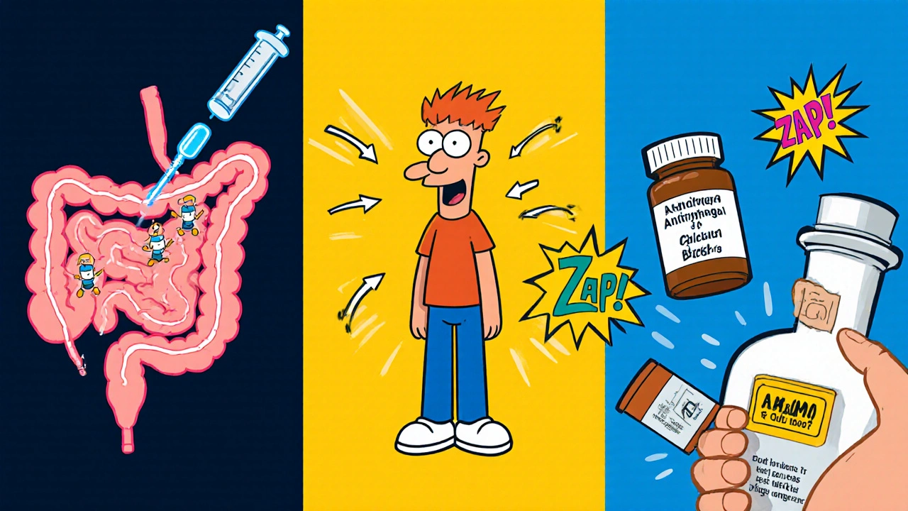 Three cartoon panels: intestine receptors, low blood pressure causing gut speed, and pill interactions.