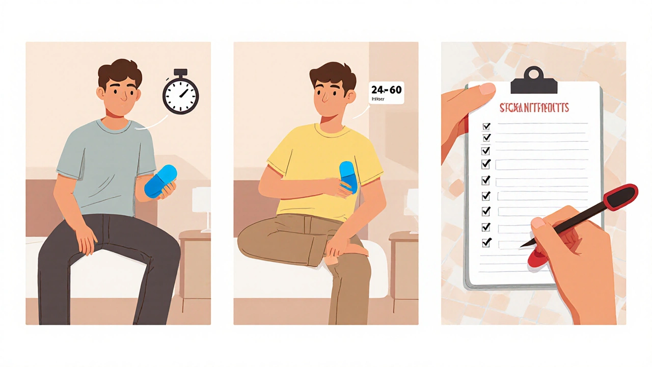 Three panels showing a man taking different ED pills, noting onset, duration, and diary entries.
