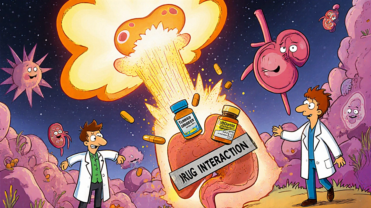 A chemotherapy bomb exploding inside a body, knocking over supplements, with doctors repairing damage.