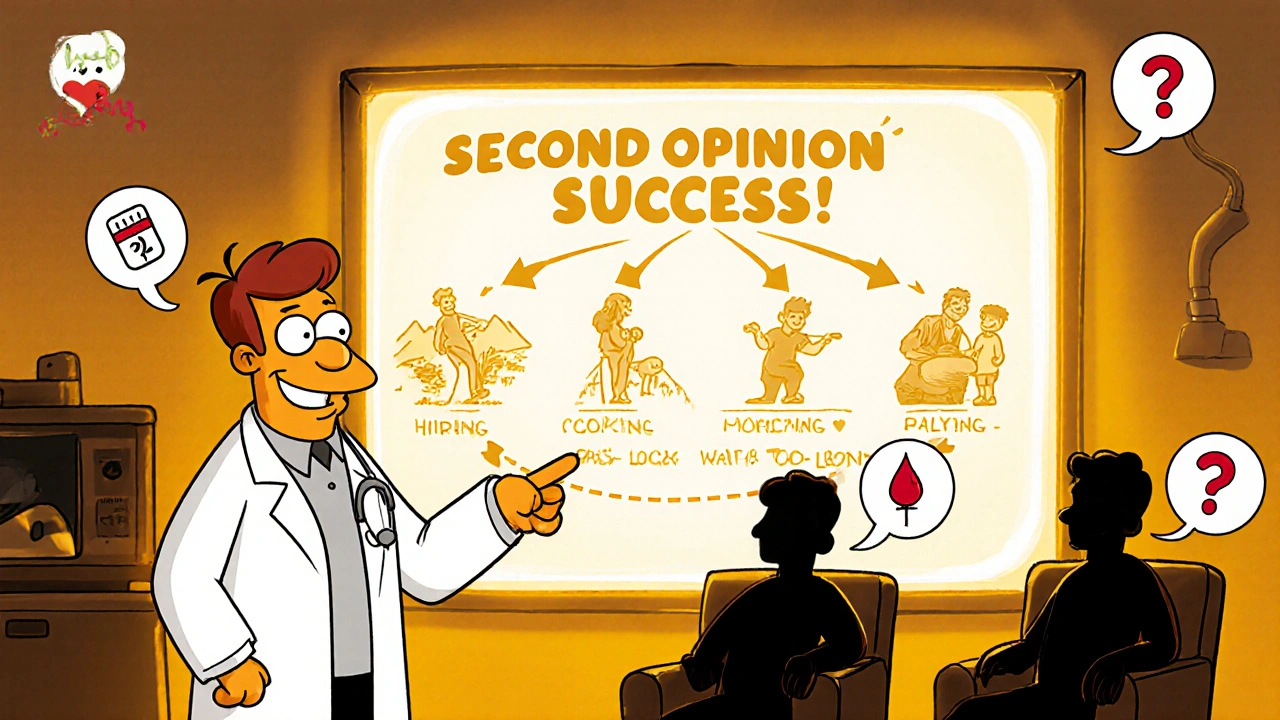 A doctor showing a positive flowchart of successful second opinions leading to happy daily activities.