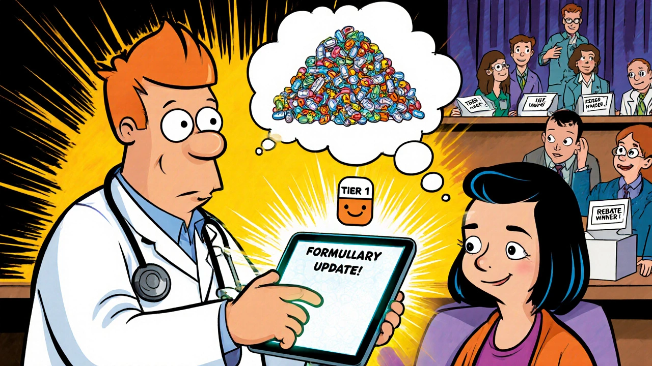 A doctor uses a glowing tablet to show formulary changes, with a patient comparing expensive and cheap pills.