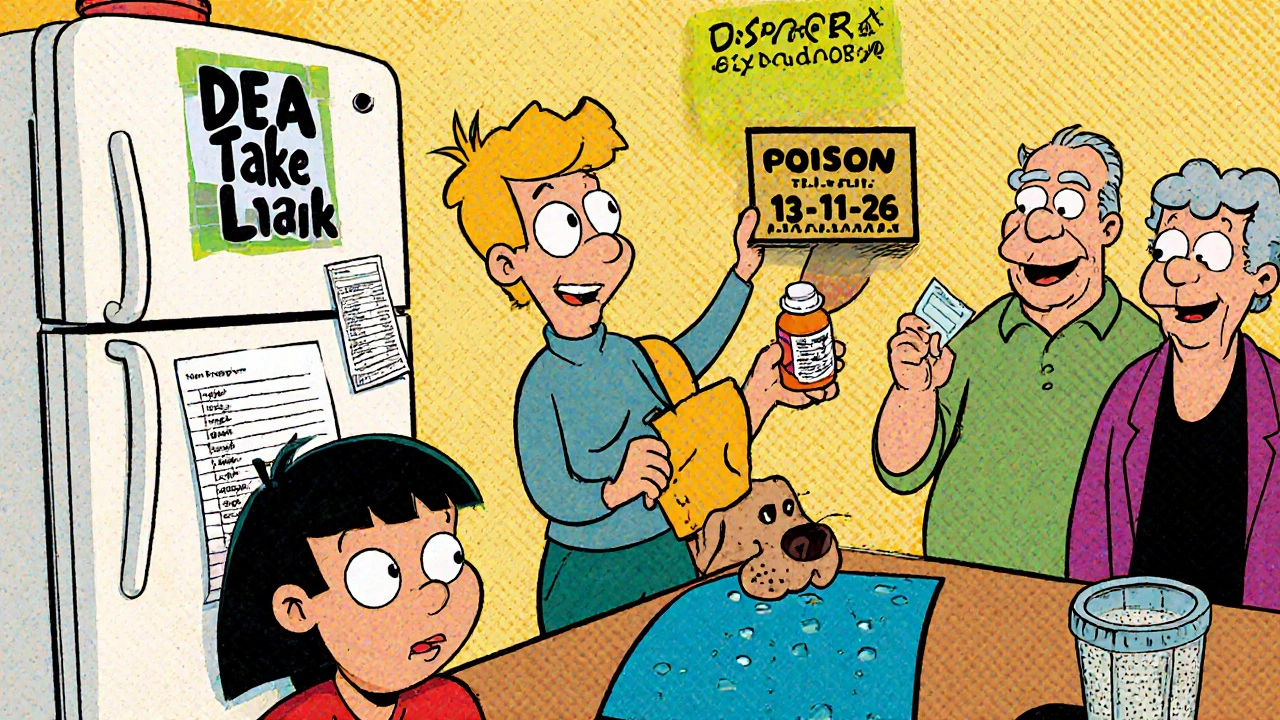 A family disposes of old medicine at a pharmacy drop-box while a sticky note with poison control number is visible on the fridge.