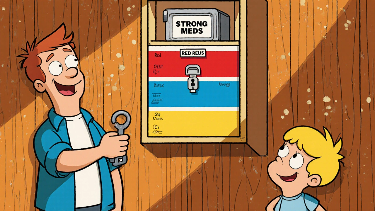 A locked medicine cabinet in a linen closet is neatly organized with color-coded sections and a child looking up curiously.