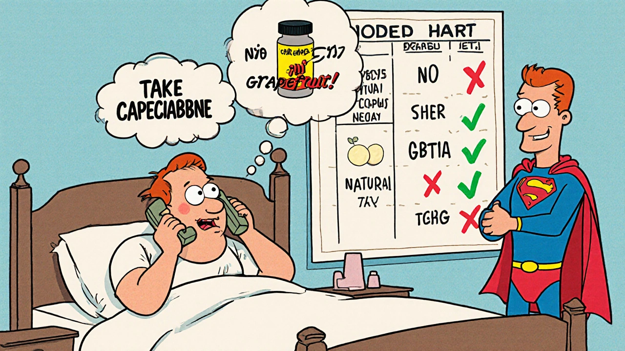 A patient setting alarms for oral chemo while a sneaky herbal supplement whispers, with genetic test results on the wall.