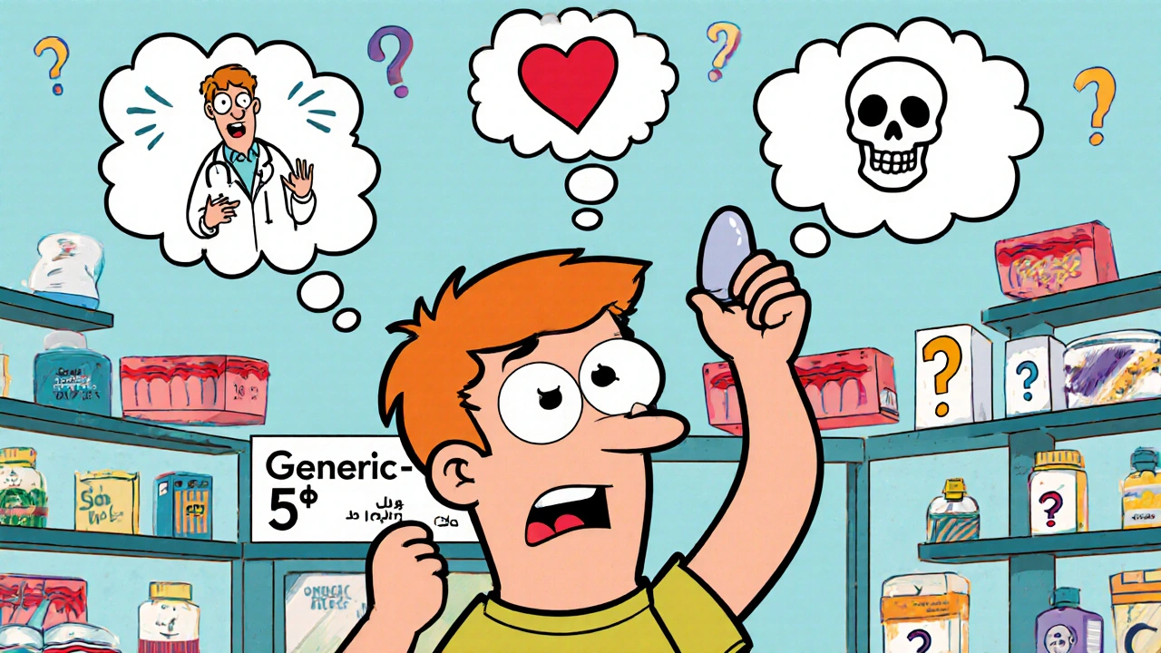A patient watching a pill split in half, with thought bubbles showing health risks and cheap pricing, in Hanna-Barbera cartoon style.